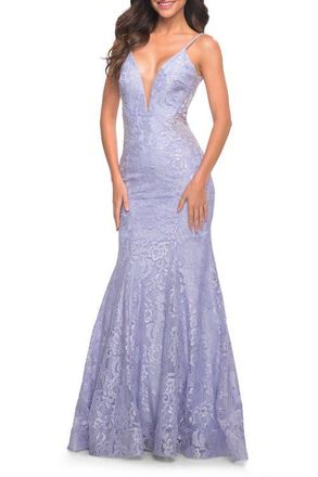 La Femme Long Mermaid Lace Dress with Back Rhinestone Detail in Light Periwinkle at Nordstrom, Size 10