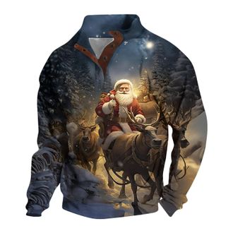 Generic 2025 Mens 3D Printed Xmas Pullover Sweatshirt Mens Christmas Three Button Casual Fall And Winter Hoodie Mens Sweat Shirts (Black, M)