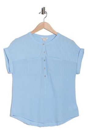 Lucky Brand Mixed Media Short Sleeve Cotton Henley Top in Chambray Blue at Nordstrom Rack, Size X-Small