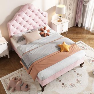 C&A 90x190Upholstered Single Bed with Adjustable Velvet Headboard and Wooden Slatted Frame in Pink