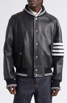 Thom Browne 4-Bar Raglan Sleeve Leather Varsity Jacket in Black at Nordstrom, Size 3