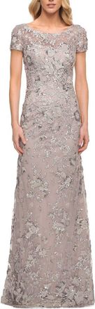 La Femme Lace Column Gown in Lavender/gray at Nordstrom, Size 14