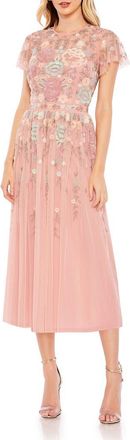 Mac Duggal Embellished Illusion High Neck Butterfly Sleeve Midi Dress in Dusty Rose at Nordstrom, Size 4