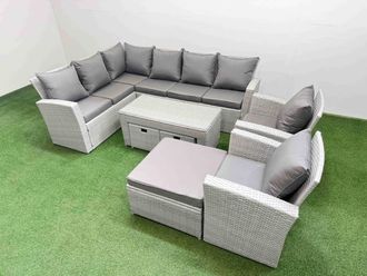 Fimous Outdoor 11 Seater Corner Sofa Sets with Chair 3 Stools Light Grey