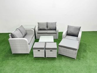 Fimous High Back Poly Rattan Garden Furniture Set w/ Reclining Chair Loveseat Sofa Square Coffee Table Indoor Outdoor Patio Set 3 Stools Side Table