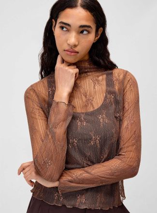 Twik Womens Stripes and flowers lace mock-neck T-shirt