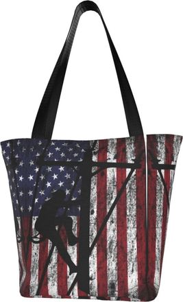 AOOEDM Lineman American Flag Reusable Grocery Bag Shopping Bag Casual Shoulder Bag Handbag for Men Women ECO Market Bag Beach Bag Travel Totes