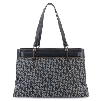 Dior Navy Leather Canvas Handbag Tote Bag (Pre-Owned)