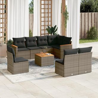 vidaXL Set De Muebles De Jard&iacute;n 9 Pzas Y Cojines Rat&aacute;n Sint&eacute;tico Gris Vidaxl