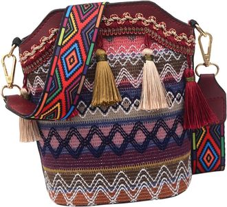 UPKOCH Red Bohemia PU Woven Shoulder Bag with Tassels Crossbody Bucket Bag for Women Stylish Zippered Design for Shopping Leisure Party Use