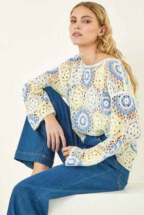 Roman Floral Crochet Knit Top