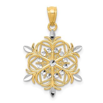 Diamond2Deal 14k Yellow Gold and White Rhodium Diamond-cut Snowflake Pendant