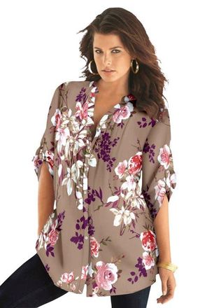 Roaman's Pintuck Tunic Blouse Y-Neck & Roll-Tab Sleeves in Brown Sugar Romantic Rose at Nordstrom, Size 12