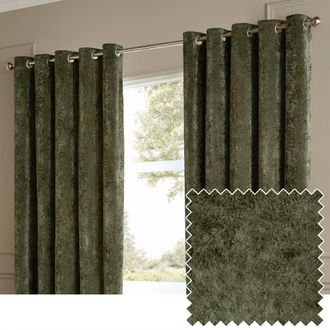 Riva Paoletti Lustre Velvet Fully Lined Eyelet Curtain Pair in Green | Size: 229 cm width x 229 cm drop