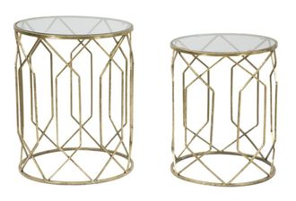 Mauro Ferretti Juego de 2 mesas met&aacute;licas doradas con cristal &oslash; cm 42x53-38x47