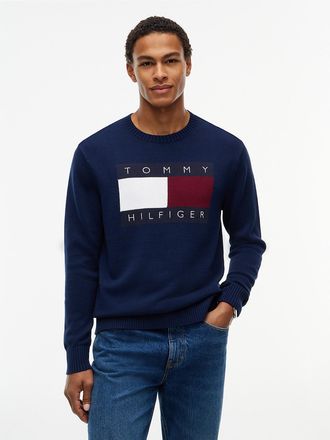 Tommy Hilfiger Mens Intarsia Flag Logo Crewneck Sweater - Carbon Navy - XXL