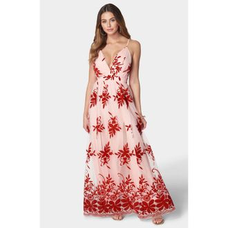 Bebe Womens Plunge Neck Embroidered Maxi Dress