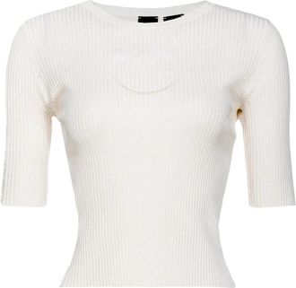 Pinko Geribbelde top van katoen en zijde met transparant logo - Dames - T-shirts - Wit - XL - Katoen - Tops