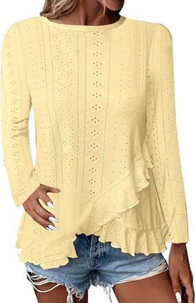 Generic Summer Elegant Eyelet Blouse Shirt 2025 Blouses for Women Casual Crew Neck Eyelet Tops Long Sleeve Shirts Tunics with Curved (Yellow, S)