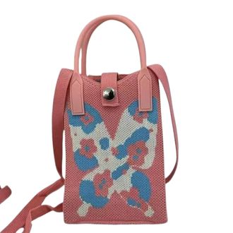 Generic Knitted Mobile Phone Crossbody Bag with Magnetic Buckle, Polyester Fiber Vertical Square Shoulder Bag, 12x18cm with 110cm Strap, Cartoon Design (pink)