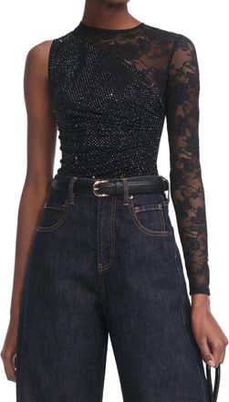Self Portrait Asymmetrical One-Shoulder Top With Lace And Rhinestone Embellishments