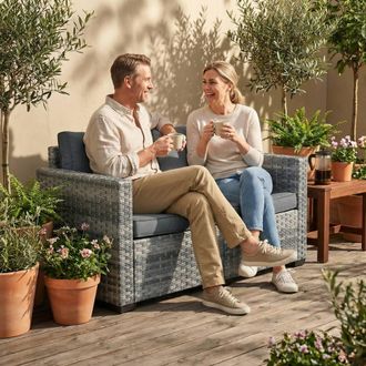 OUTSUNNY 2 Seater Rattan Garden Sofa with Deep Seat, Wide Arms, Mixed Grey