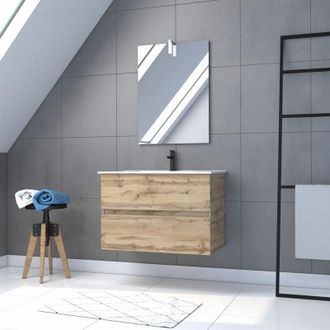 Aurlane Aurlane - Mobile da bagno 80cm Da appendere Rovere - Lavabo + Specchio Applique Led - timber 80 - Pack37