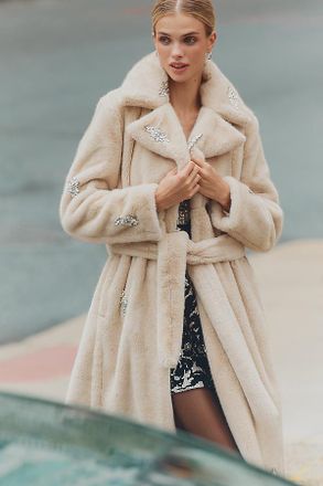 Avec Les Filles Embellished Faux Fur Belted Coat Jacket