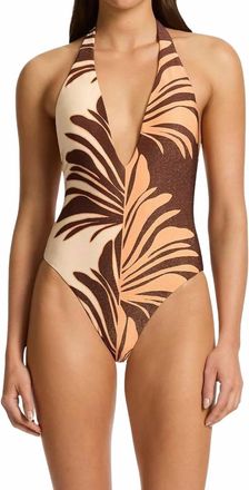 JETS Dahlia Palm Plunge One Piece Swimsuit In Brown, Orange
