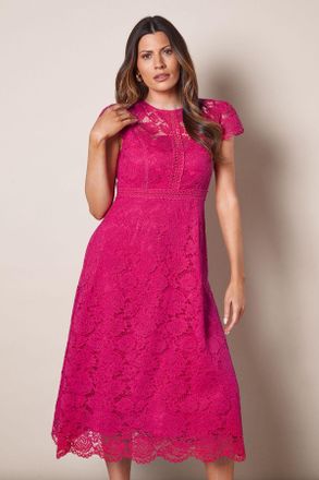 Wallis Womens Lace Fit And Flare Midi Dress - Pink - Size 10 UK