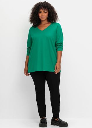Sheego V-Shirt SHEEGO Langarmshirt, Damen, Gr. 44/46, gr&uuml;n, 100% Baumwolle, unifarben, V-Ausschnitt, Shirts V-Shirt