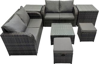 Fimous Fimous Rattan Garden Outdoor Furniture Set Love Sofa Square Coffee Table Set with 2 Side Tables 2 Small Stools Dark Grey Mixed