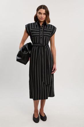 Karen Millen Womens Bold Stripe Cotton Woven Maxi Shirt Dress - Black Lyocell - Size 14 UK