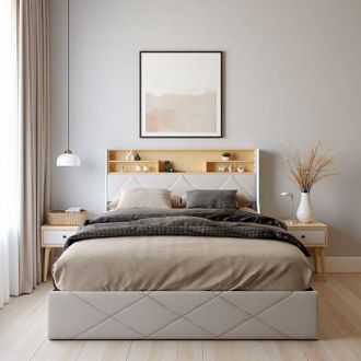 OEM Cama Hidr&aacute;ulica Para Adultos 160x200 Cm Con Almacenamiento, Led Y Puertos De Carga De Cuero Pu Blanco - Cama Con Cofre De Dise&ntilde;o Geom&eacute;trico Moderno