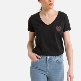 Pieces T-shirt met V-hals en motief vooraan