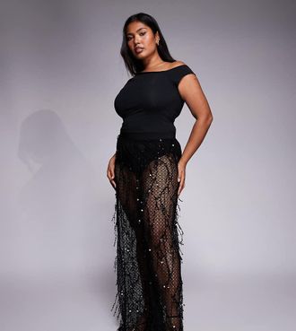 Jaded Rose Plus Pantaloni neri trasparenti con slip cuciti, paillettes e nappe-Nero