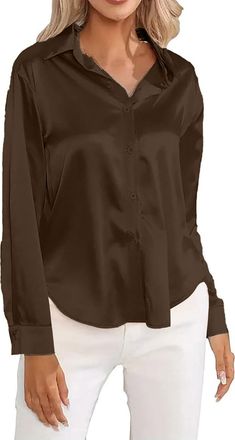 Generic Tunic Top Womens Satin Imitation Silk Button Down Blouses Solid Casual Lapel Collar Long Sleeve Shirts Trendy Fall Outfits Half Sleeve Shirt Women Plu