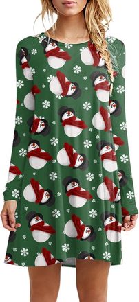 Generic Dresses for Women UK Womens Christmas Party Dress Xmas Print Casual Midi Dress Round Neck Long Sleeve Shirt Pleated Loose Swing Tops