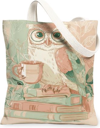 Generic Vintage Owl Canvas Tote Bags, Artistic Bird Design Reusable Grocery Bags, Lightweight Washable Shoulder Strap Canvas for Tr, Beige, 13x15 Inch