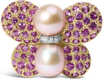 House of Brilliance 18K Yellow & White Gold South Sea Pearl & Pink Sapphire Butterfly Pin Brooch with Diamond Accent