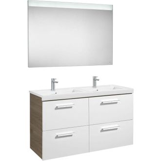 Roca Roca - Conjunto De Mueble (4 Cajones), Lavabo Doble Y Espejo Led Prisma Color: Blanco - Fresno