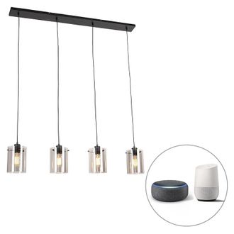 QAZQA Smart Pendant Light Black with Smoke Glass Incl. 4 Wifi ST64 - Dome