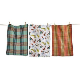 Tag Set of 3 Fishing Flies Print Green Plaids Kitchen Towels in Multicolored at Nordstrom