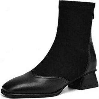 Generic Womens Square Toe Ankle Boots Suede Like And PU Leather Contrast Low Chunky Heel Side Zipper Non Slip Wear Resistant Sole Comfortable Stylish For Dail