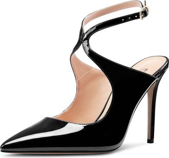 Castamere Womens Stiletto High Heel Pointed Toe Cross-Strap Pumps Court Shoe Wedding Prom Sexy Patent Leather 10 CM Heels Black 10 UK