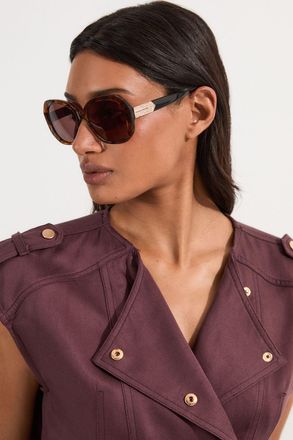 Karen Millen Womens Brown Patterned Hexagonal Gold Detail Sunglasses - Size Medium/Large