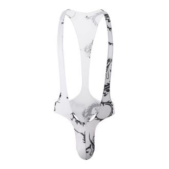 Generic Stylish Mens Exotic Bodysuit with Printed Briefs and Suspenders for a Fashion Statement White