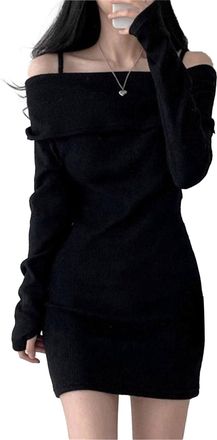 Generic Women Off Shoulder Sweater Dress Fall Winter Long Sleeve Strap Knitted Frock Folded Neck Ribbed Knit Dresses (Black,S)