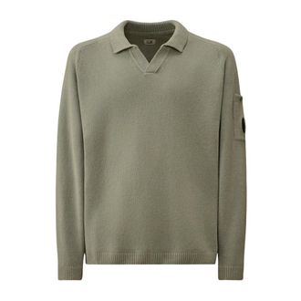 C.P. Company V-neck Knitwear, male, Green, Size: XL Cotton Chenille Polo Lens Sweater