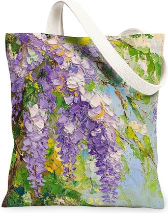 Generic Spring Wisteria Flower Canvas Tote Bag for Shopping 13x15, Cute Oil Painting Floral Reusable Grocery Print Pattern Bag for Women, Garden Plant Beach A
